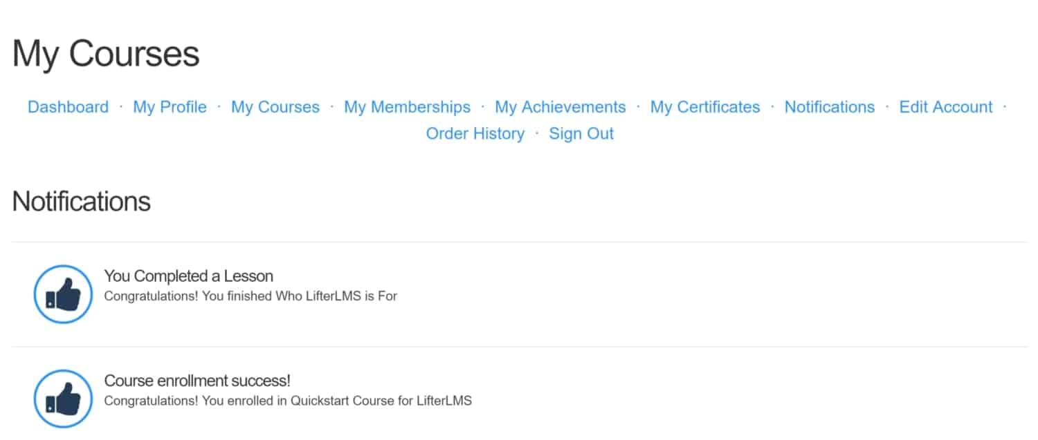 Screenshot of LifterLMS notifications