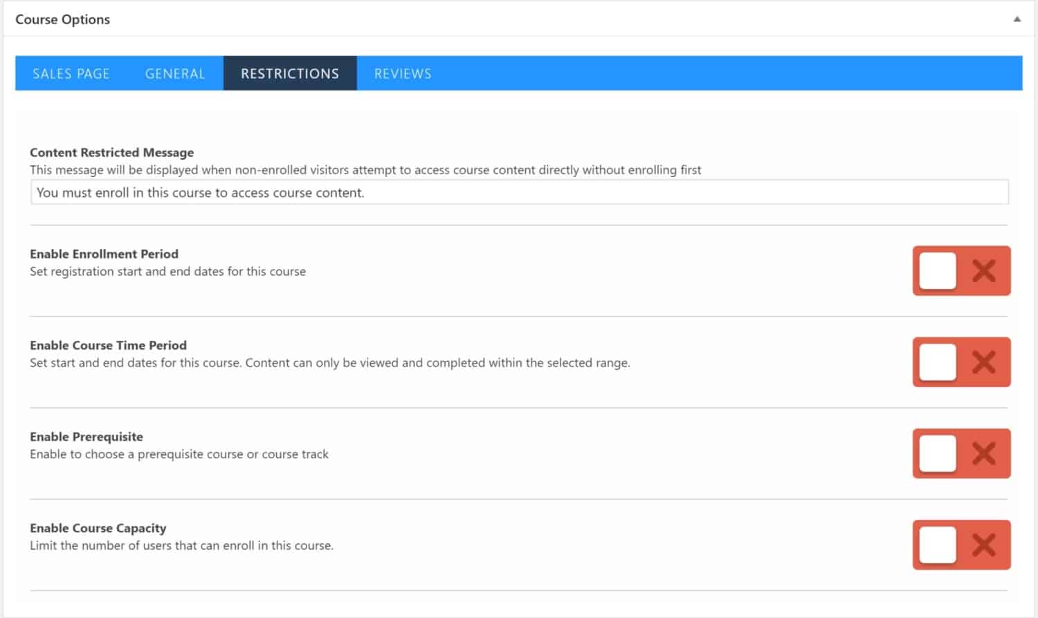 Screenshot of LifterLMS course options restrictions