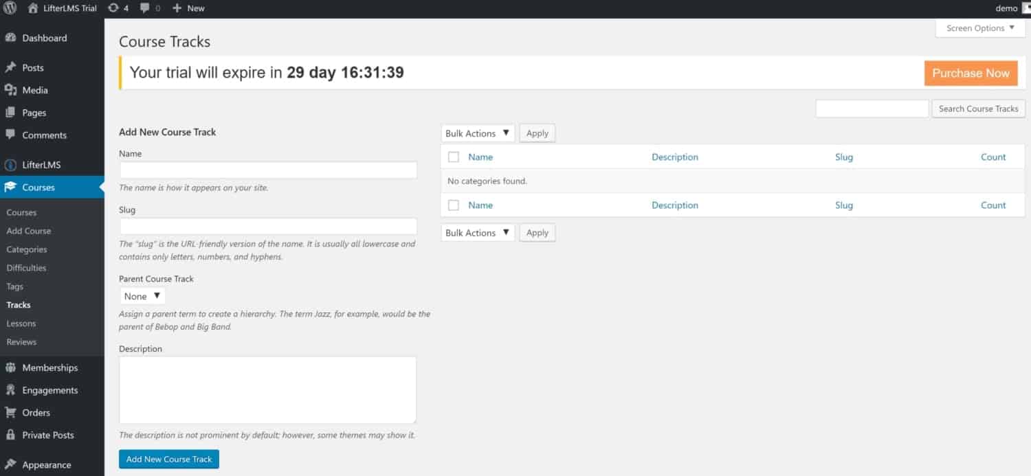 Screenshot of LifterLMS course tracks