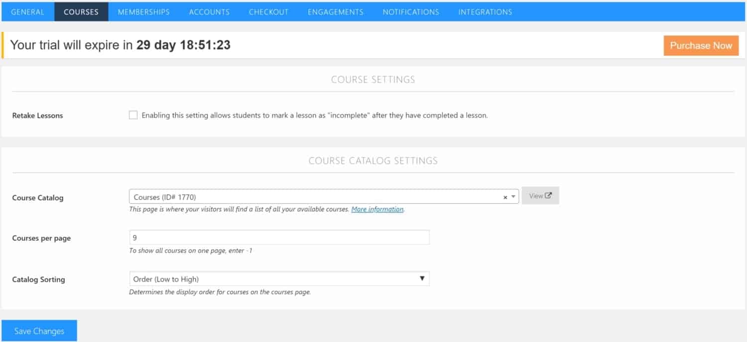 Screenshot of LifterLMS courses settings