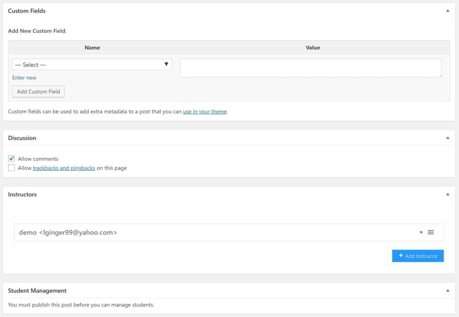 Screenshot of LifterLMS custom fields