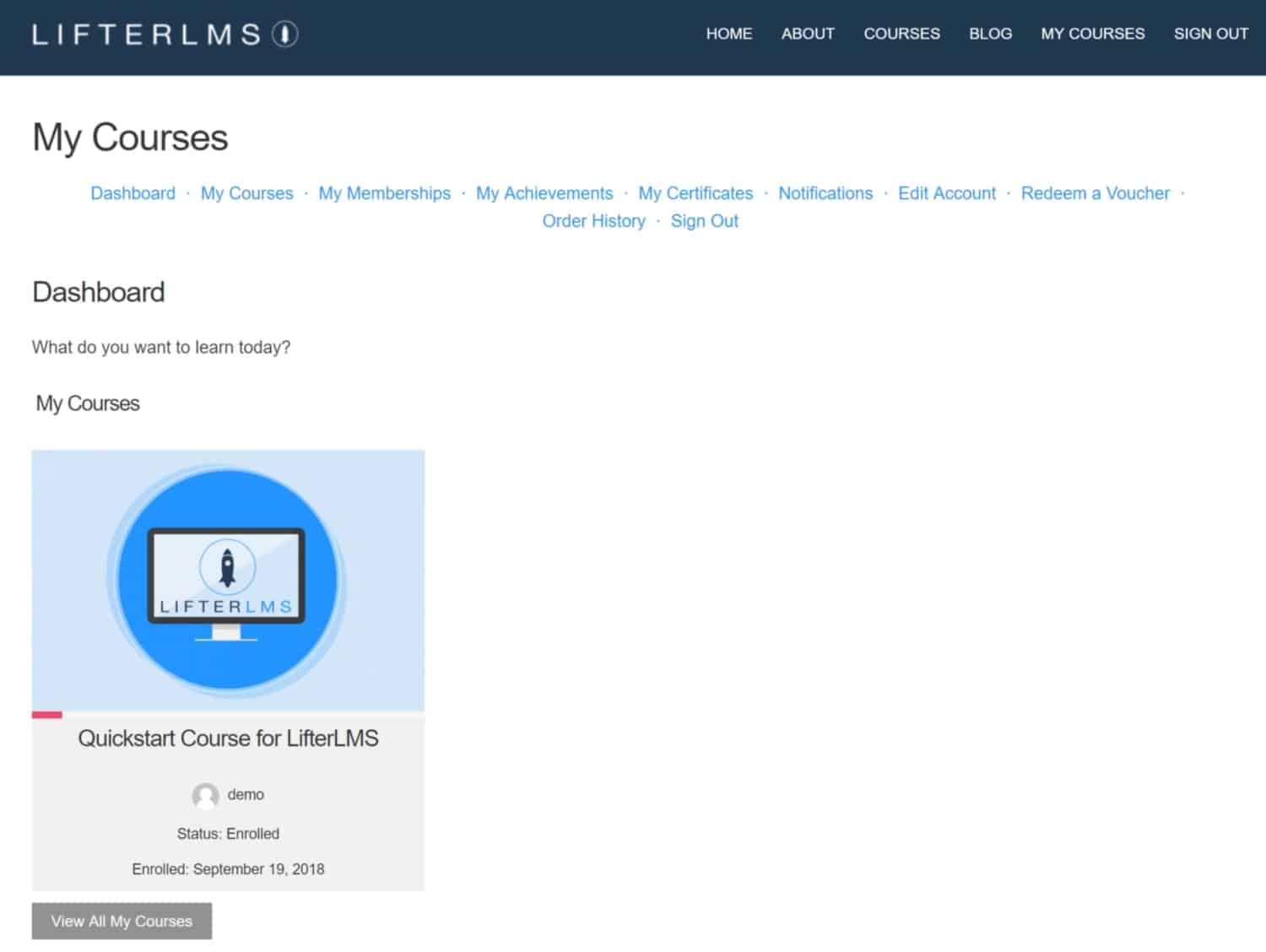 Screenshot of LifterLMS student dashboard