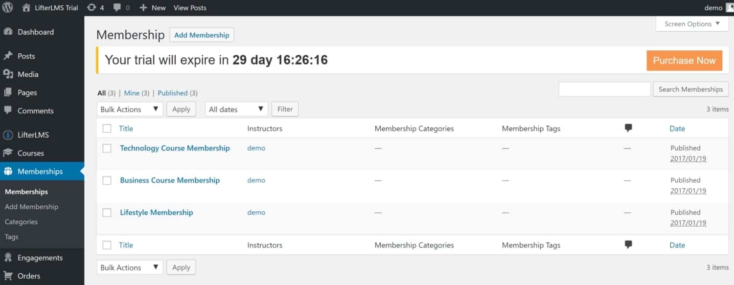 Screenshot of LifterLMS membership view