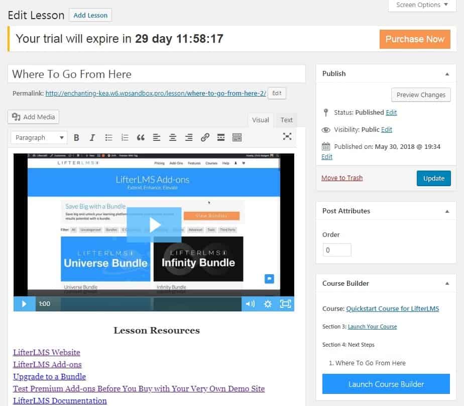 Screenshot of LifterLMS edit lesson page