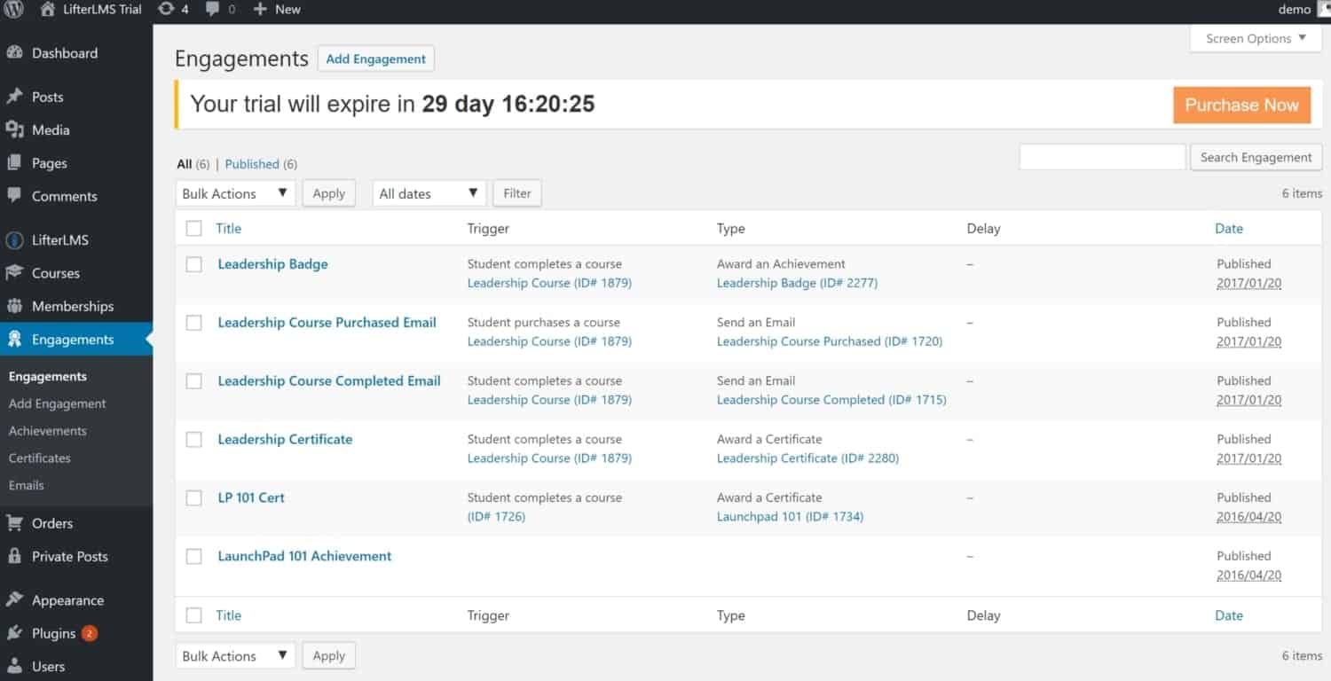 Screenshot of LifterLMS engagements view