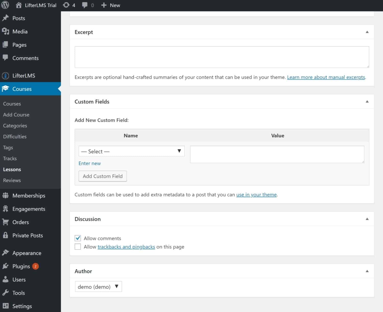 Screenshot of LifterLMS excerpt panel, custom fields panel, discussion panel, and author