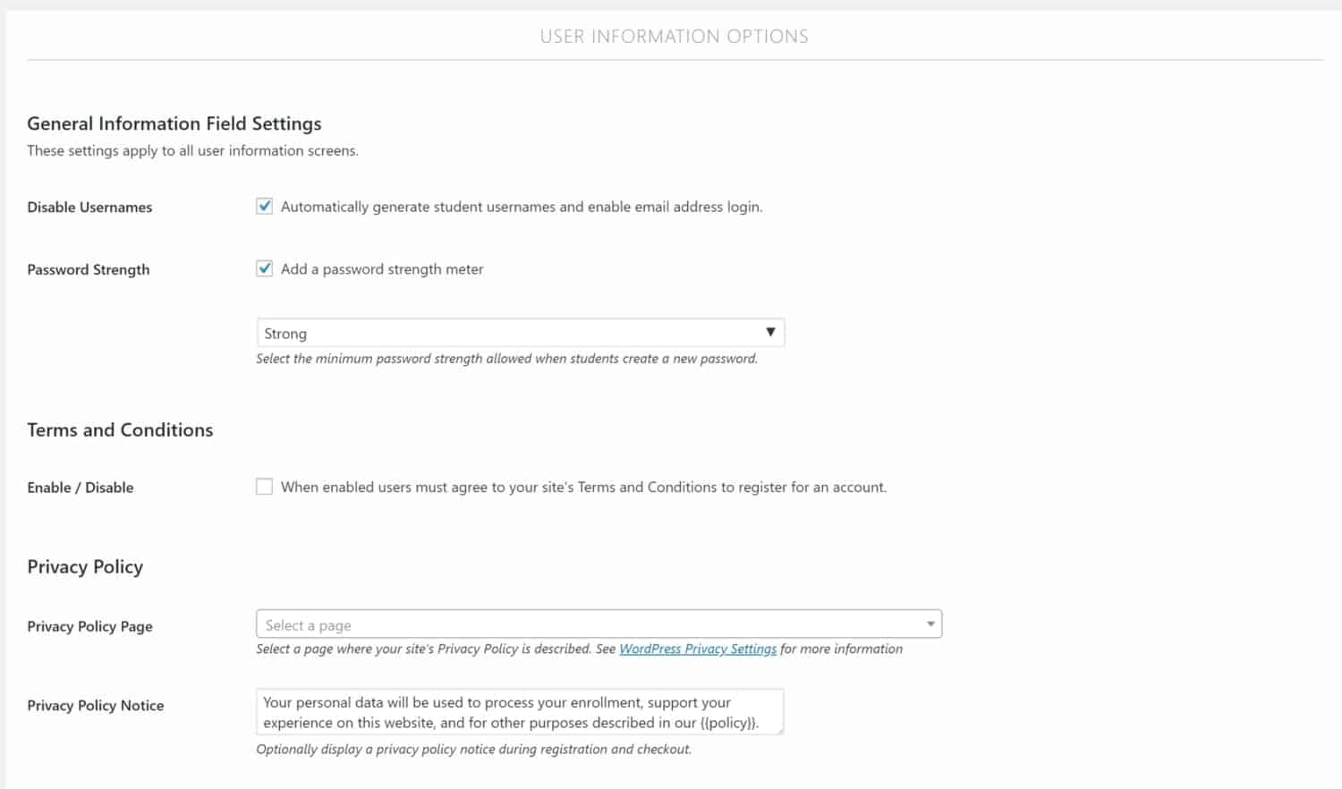 Screenshot of LifterLMS user information options