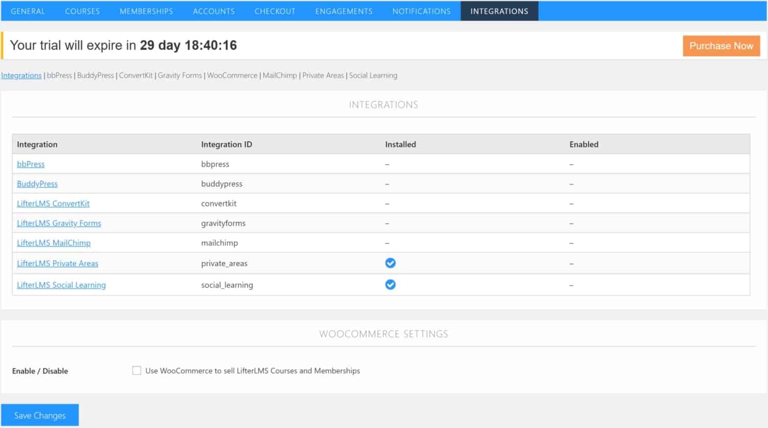 Screenshot of LifterLMS integrations manager