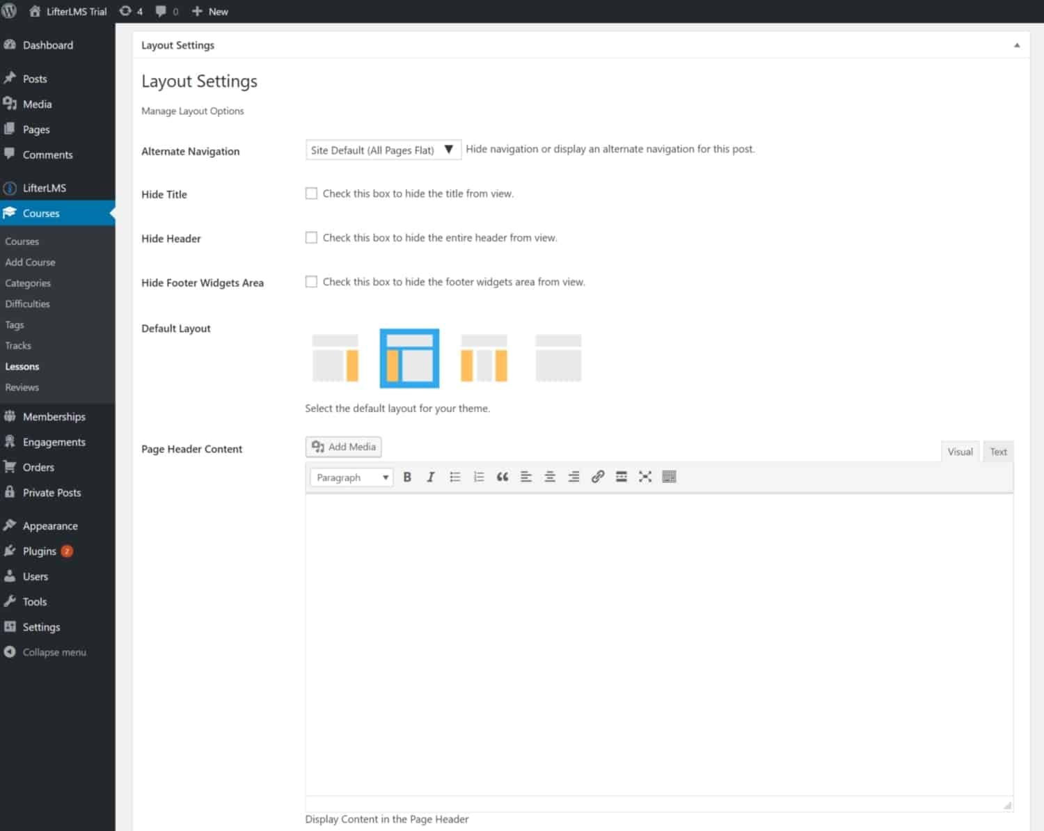 Screenshot of LifterLMS layout settings