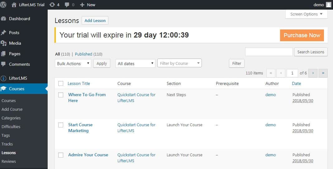 Screenshot of LifterLMS lessons page