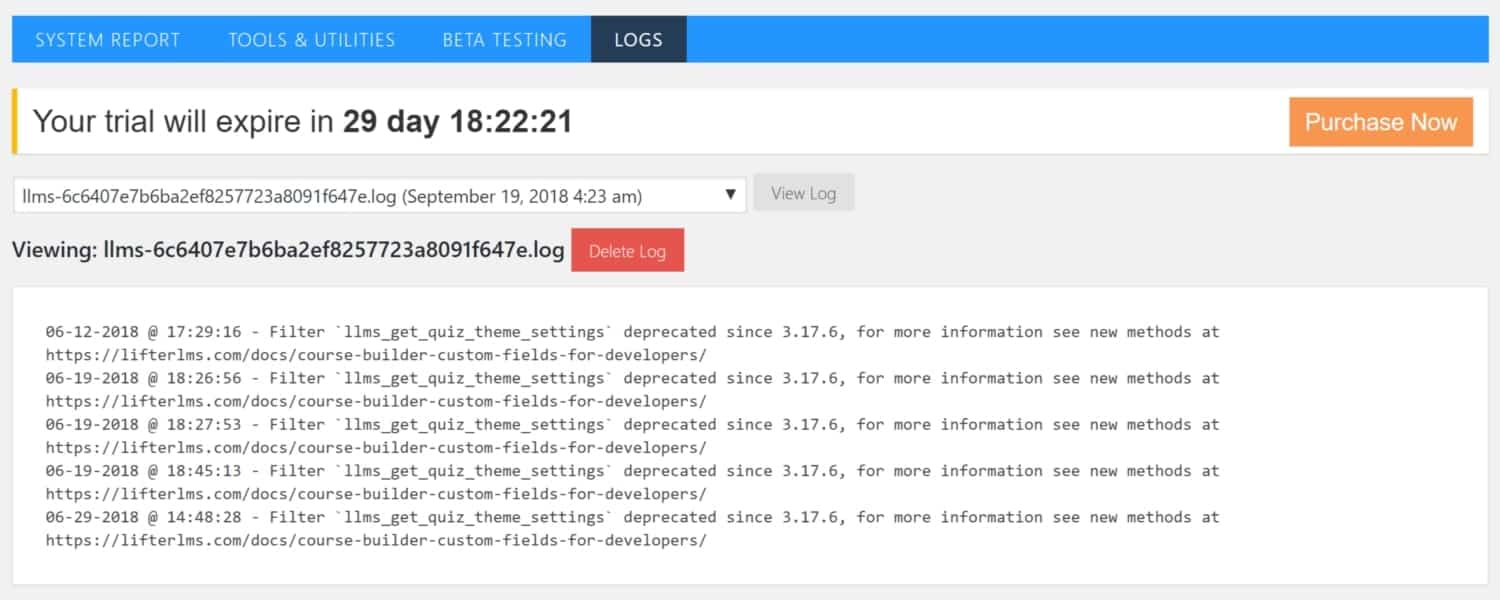 Screenshot of LifterLMS logs