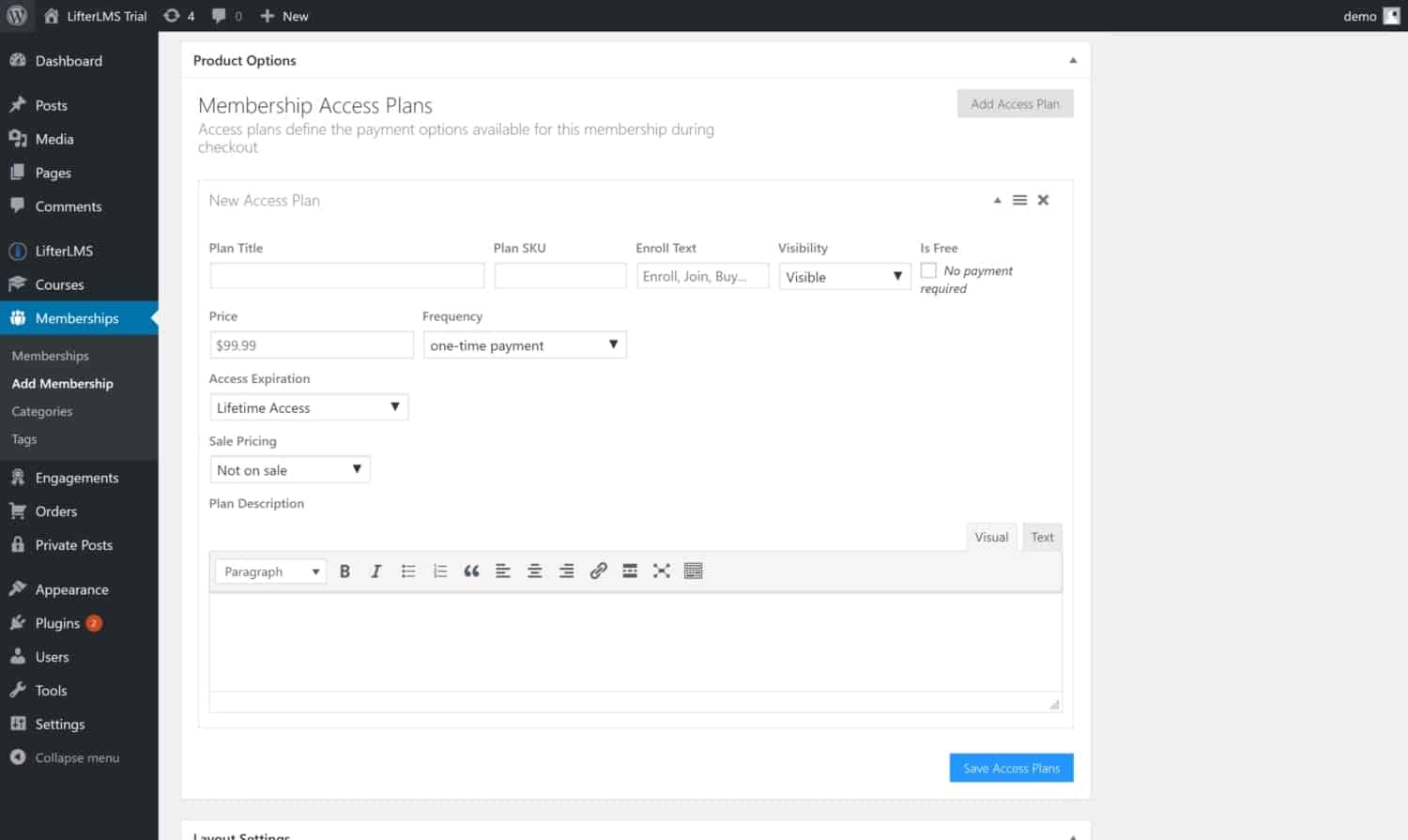 Screenshot of LifterLMS product orders membership access plans