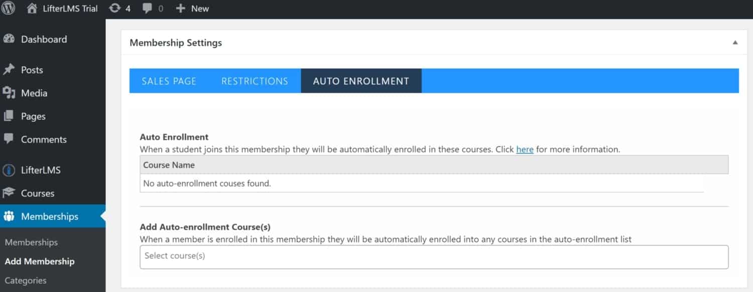 Screenshot of LifterLMS membership settings auto enrollment