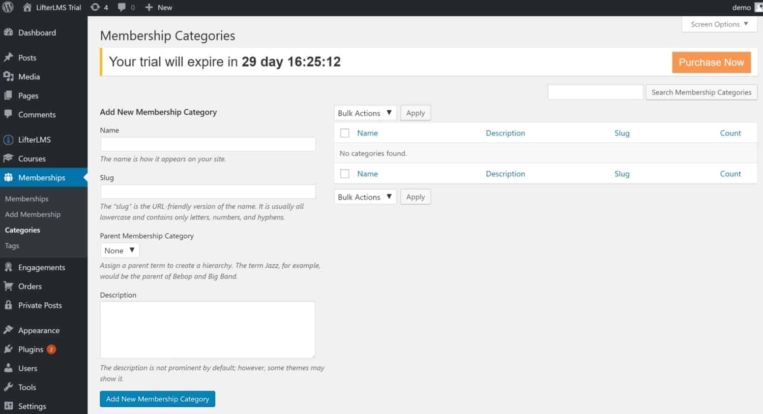 Screenshot of LifterLMS membership categories