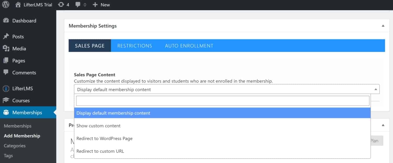 Screenshot of LifterLMS membership settings sales page