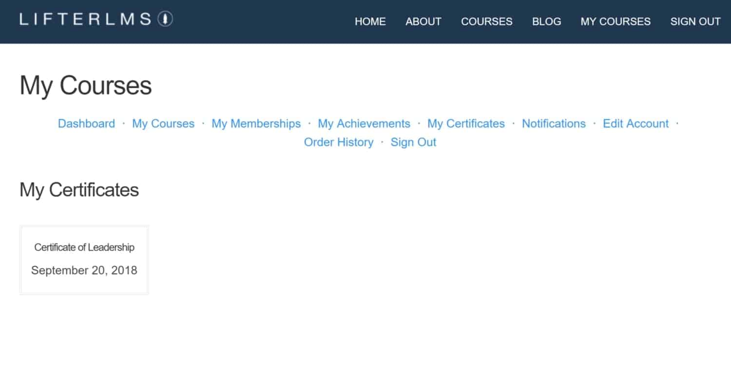 Screenshot of LifterLMS certificates