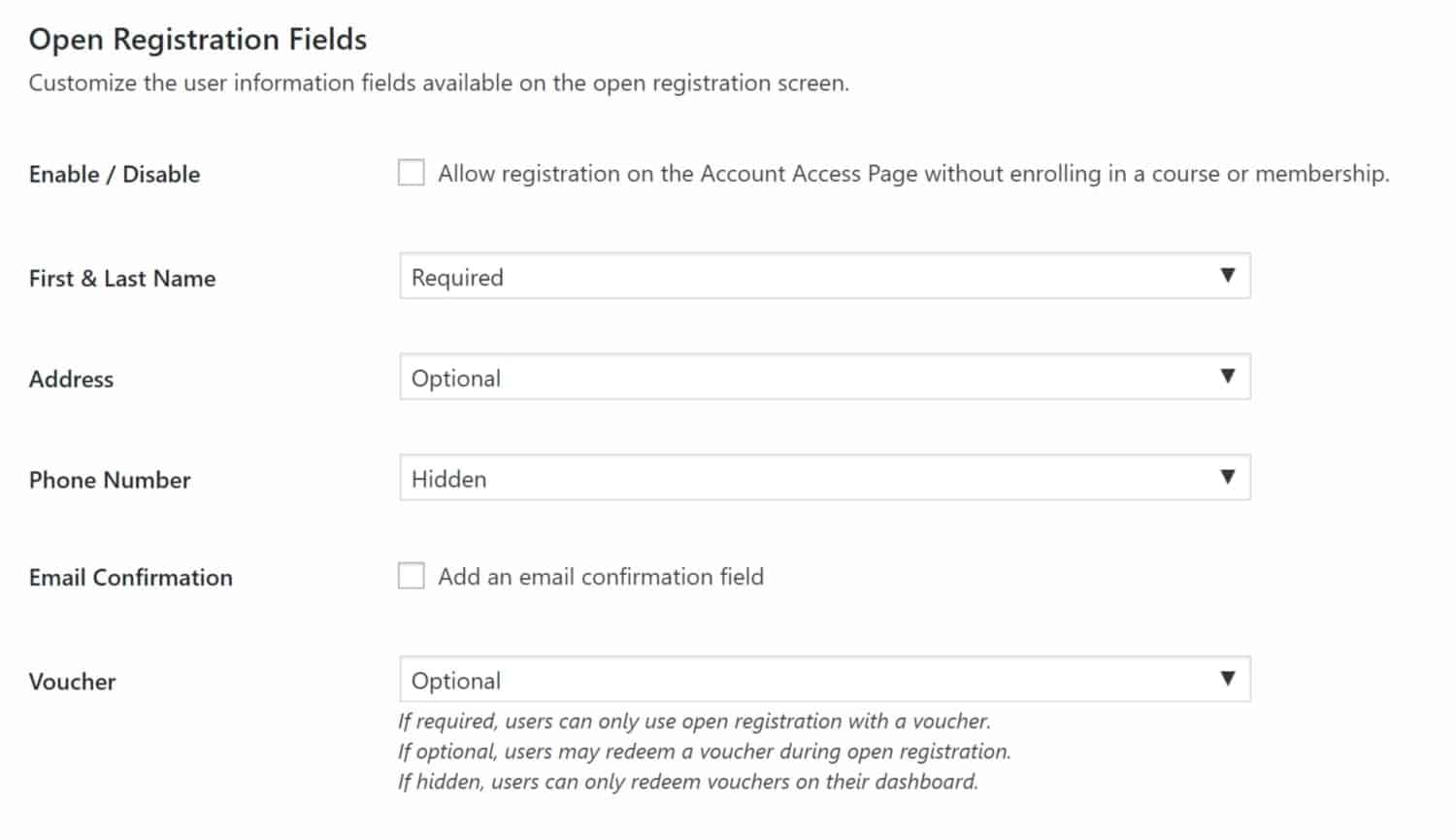 Screenshot of LifterLMS open registration fields