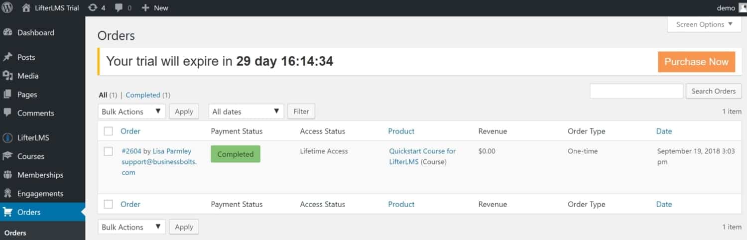 Screenshot of LifterLMS orders view