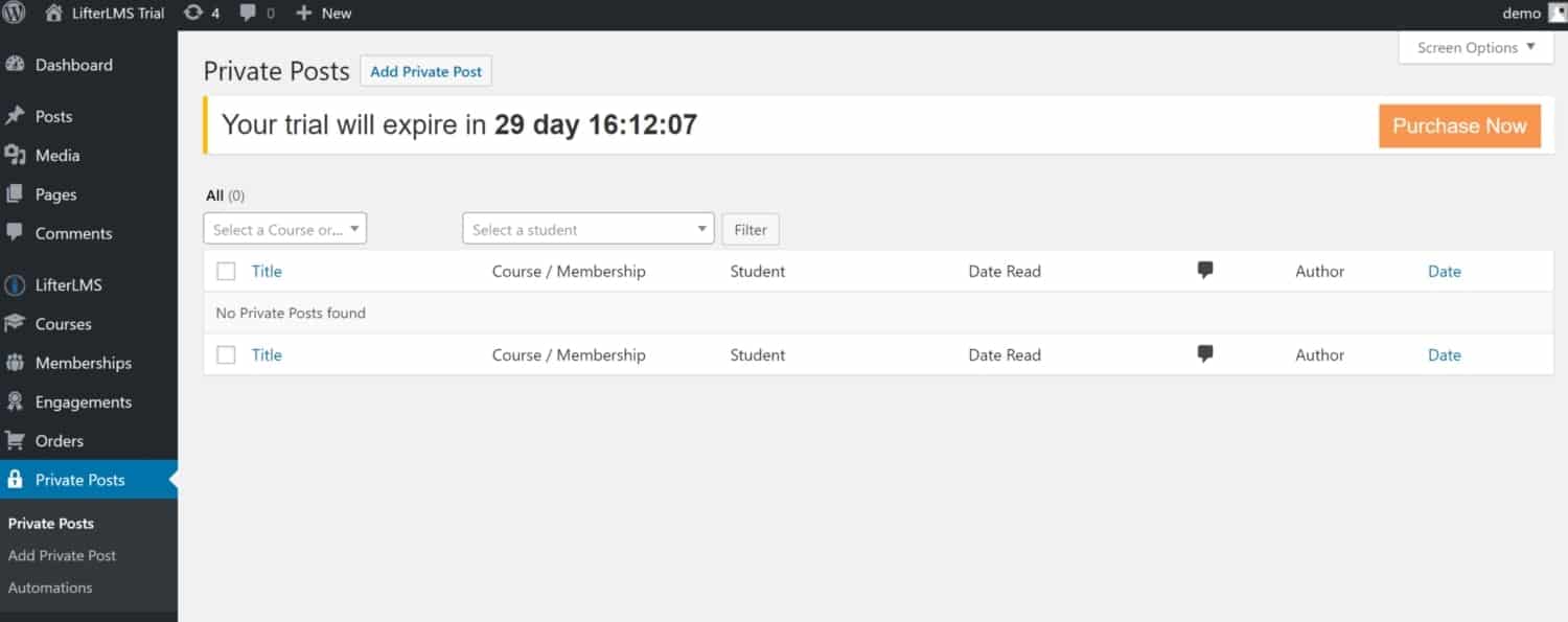 Screenshot of LifterLMS private posts page