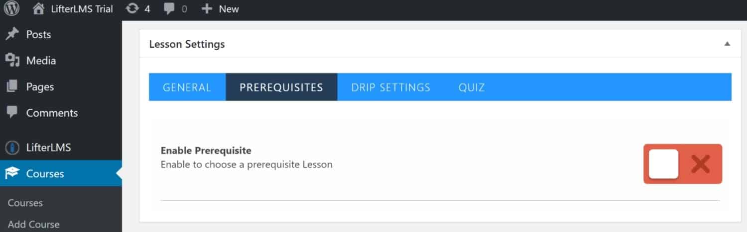 Screenshot of LifterLMS lesson settings prerequisites