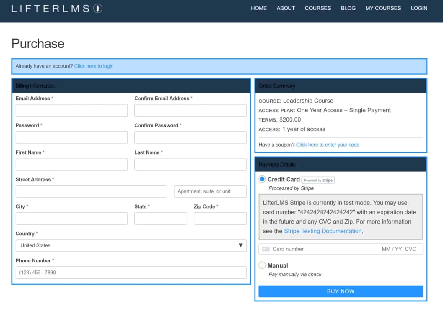 Screenshot of LifterLMS purchase page