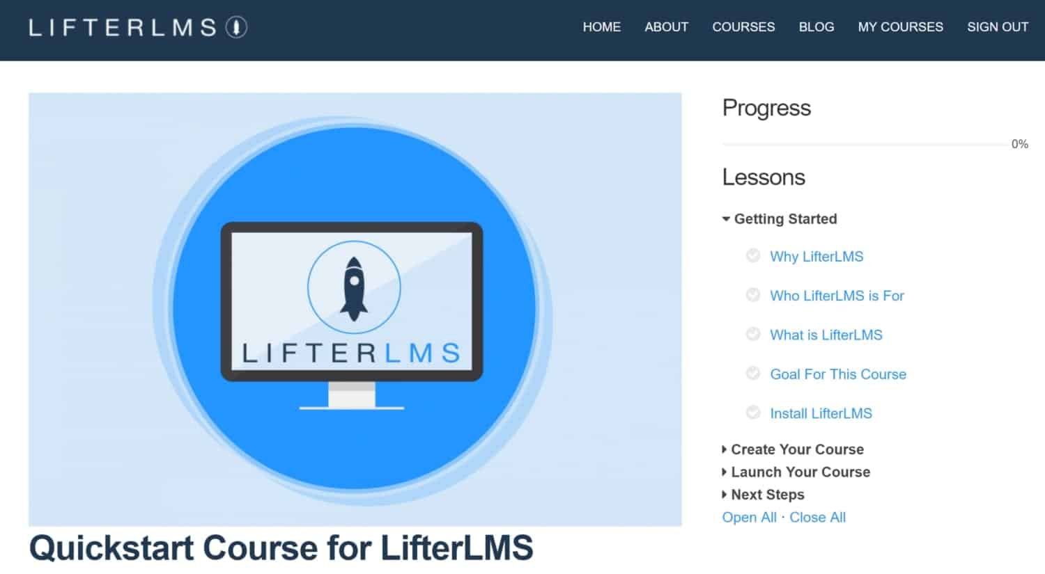 Screenshot of LifterLMS logged in course page