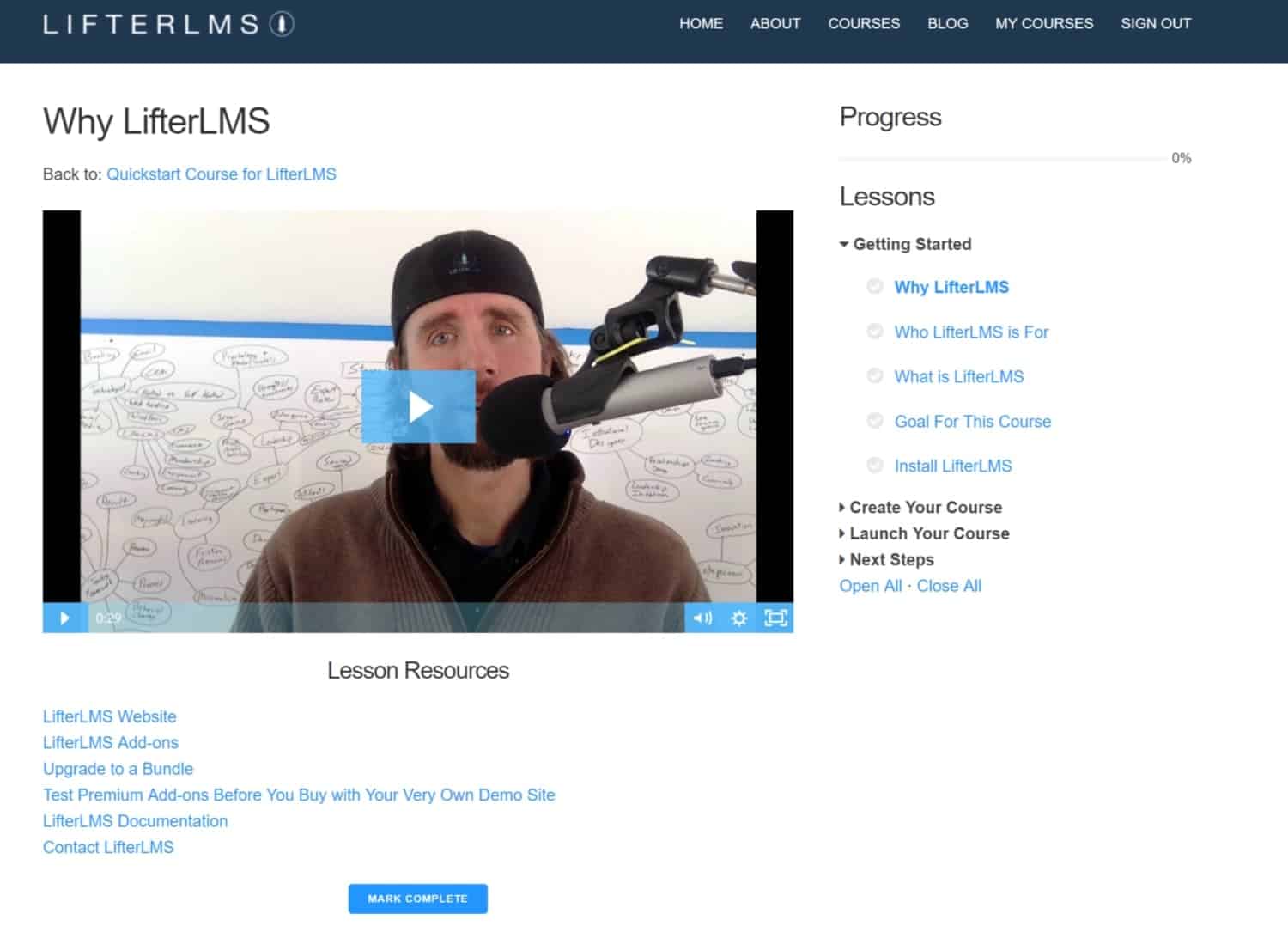 Screenshot of LifterLMS progress and lessons