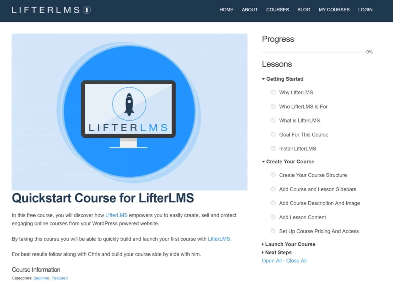 Screenshot of LifterLMS course sales page