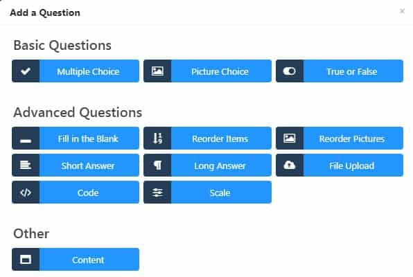 Screenshot of LifterLMS advanced quiz types