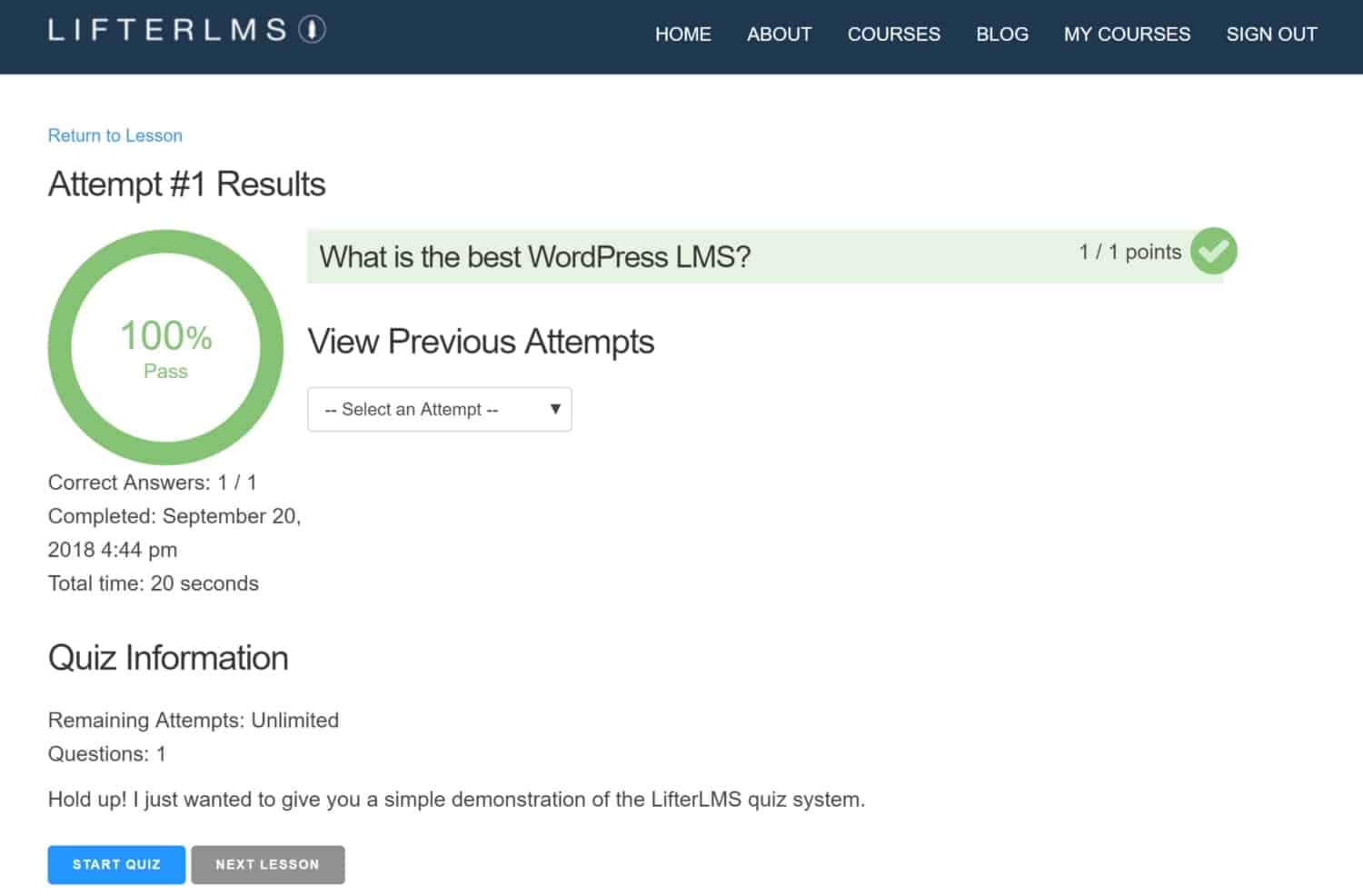 Screenshot of LifterLMS quiz results