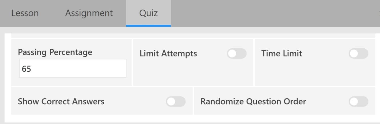 Screenshot of LifterLMS quiz settings