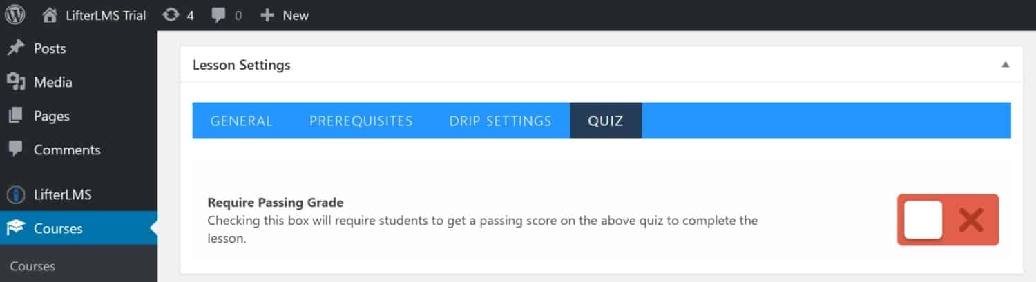 Screenshot of LifterLMS lesson settings