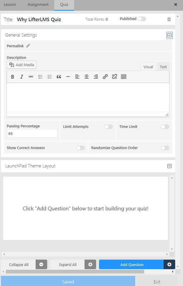 Screenshot of LifterLMS quiz settings