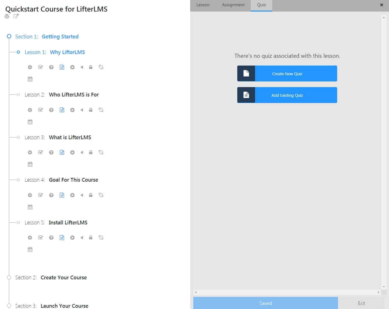 Screenshot of LifterLMS course builder quiz