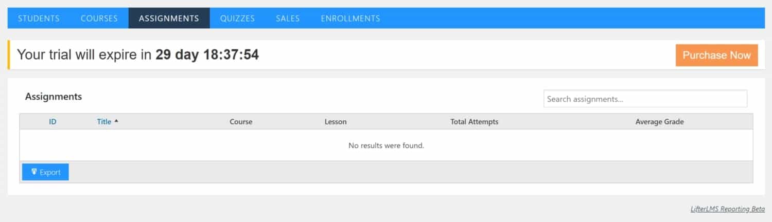 Screenshot of LifterLMS assignment reporting