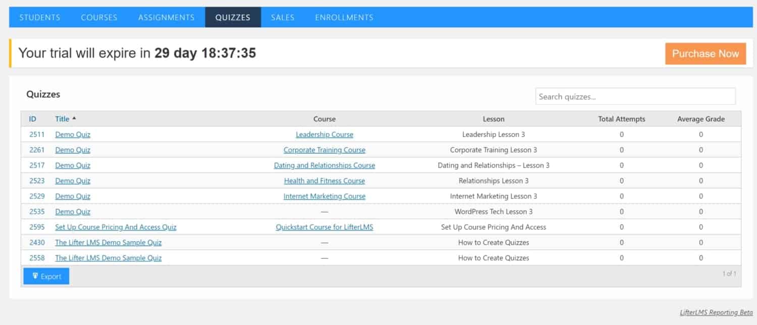 Screenshot of LifterLMS quiz reporting