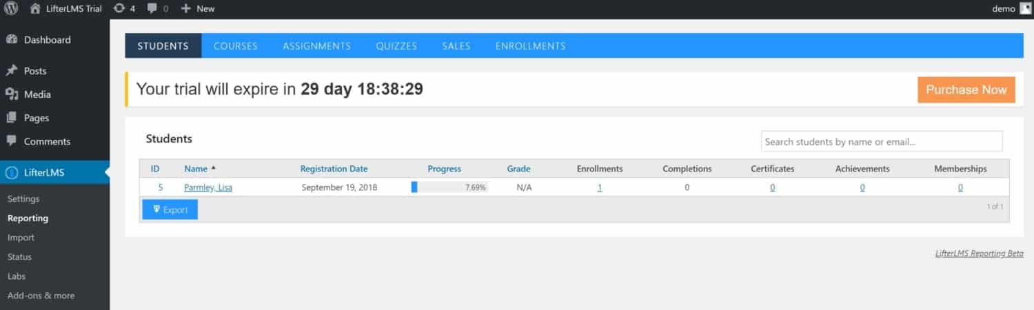 Screenshot of LifterLMS student reporting