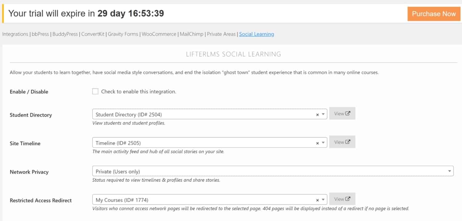 Screenshot of LifterLMS social learning settings