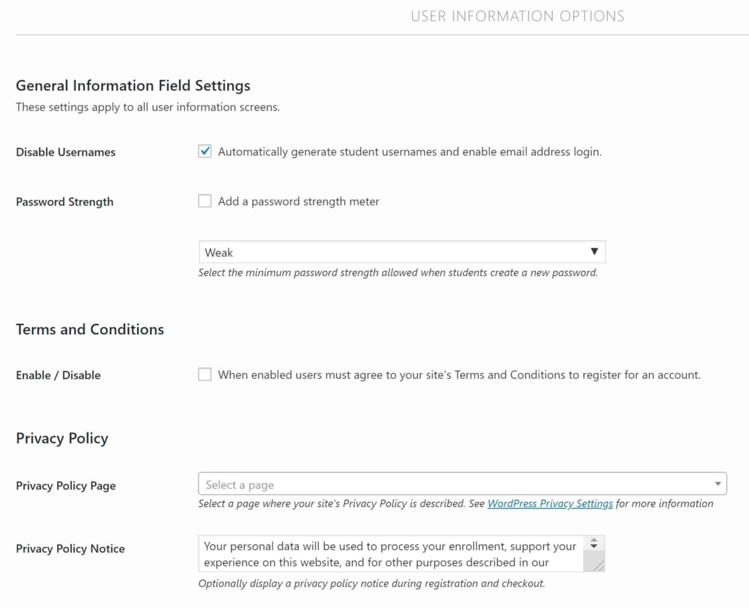 Screenshot of LifterLMS general information field settings