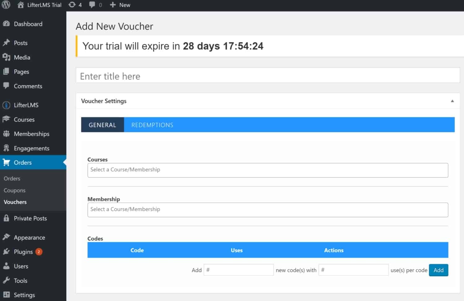 Screenshot of LifterLMS add new voucher general settings