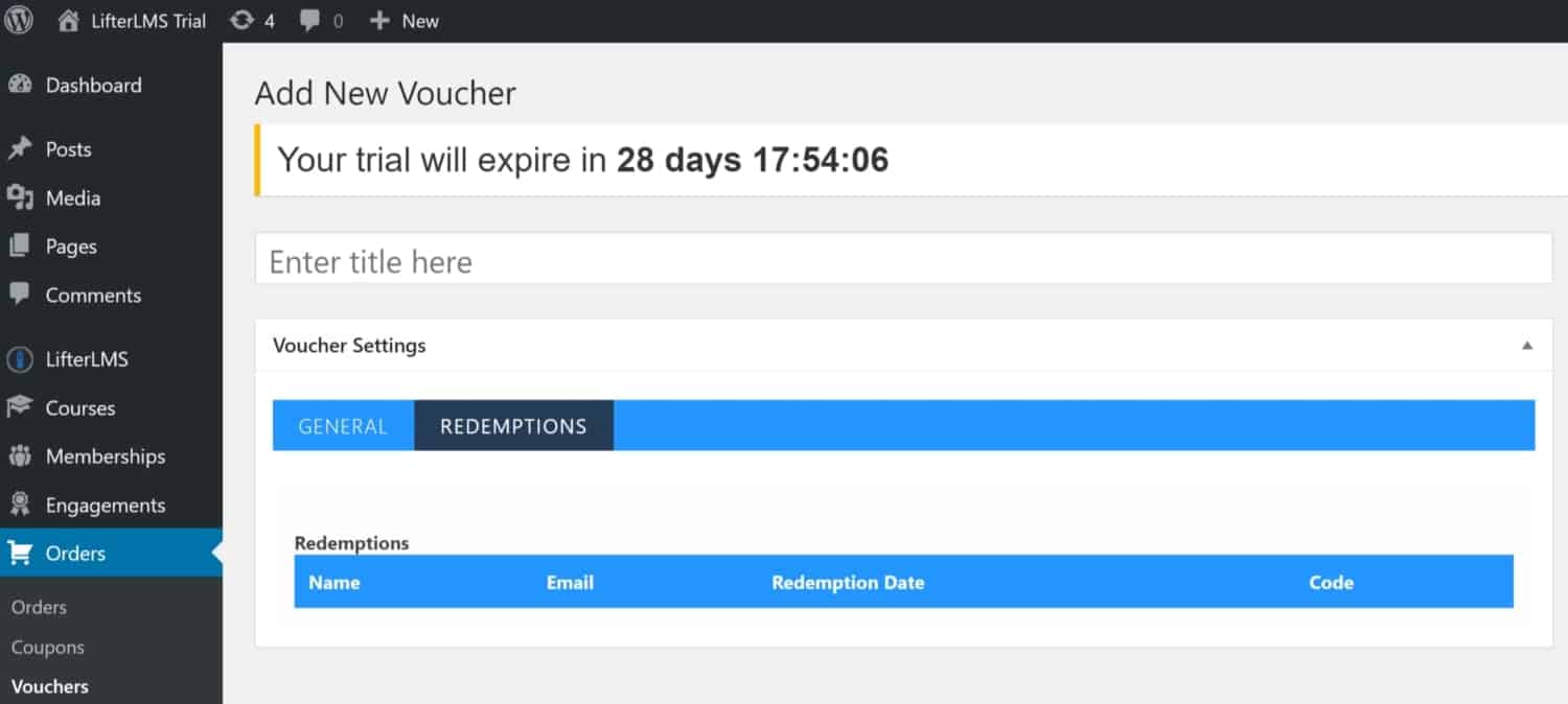 Screenshot of LifterLMS add new voucher