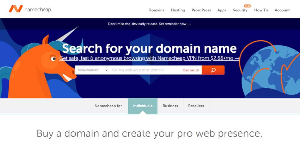 Screenshot of namecheap website