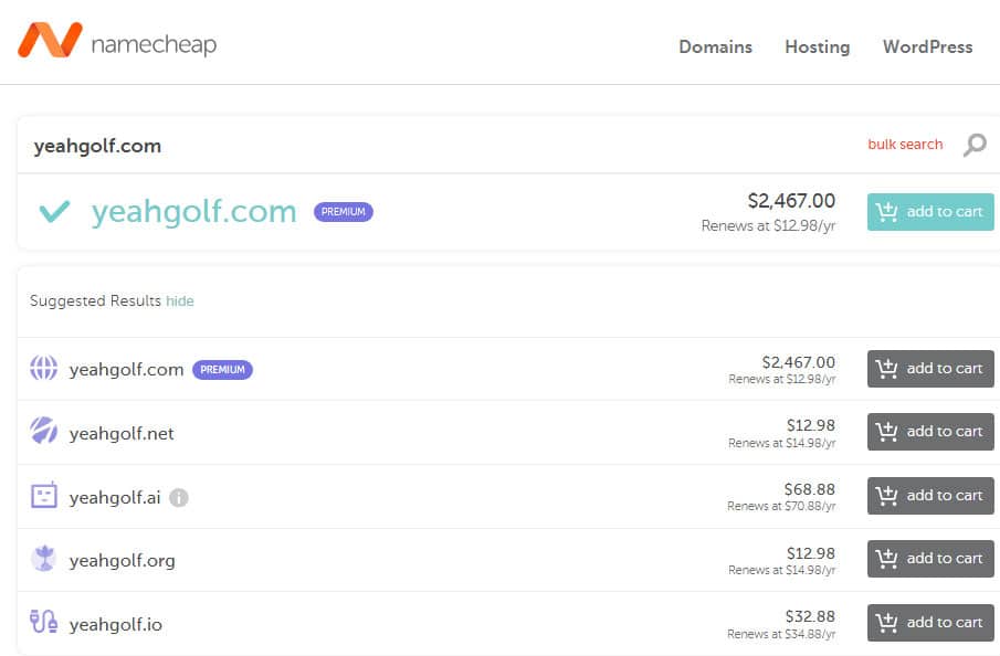 Premium domain price screenshot