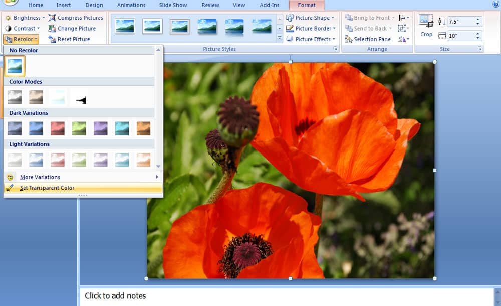 Screenshot for PowerPoint 2007 recolor menu.