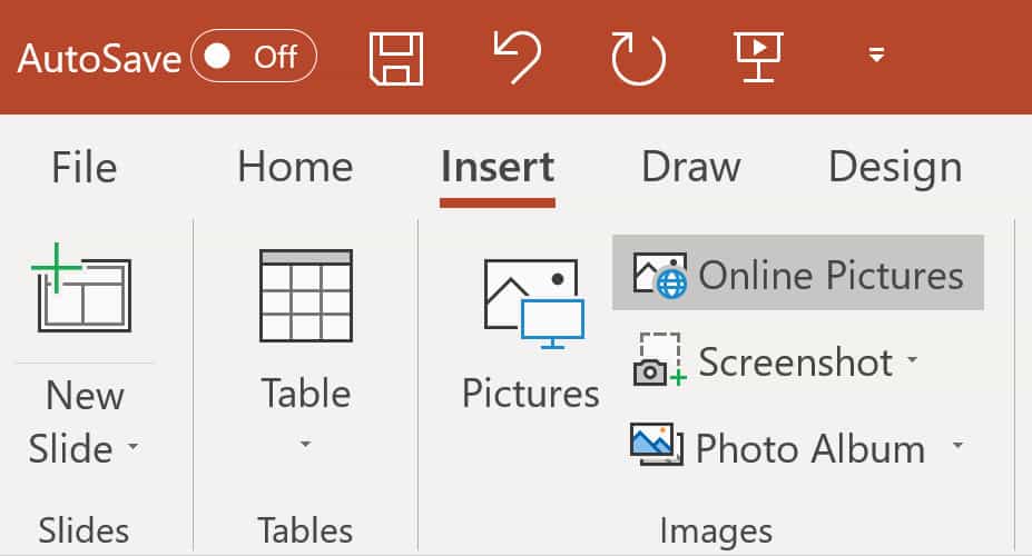 Screenshot to insert Online Pictures for a border from powerpoint.