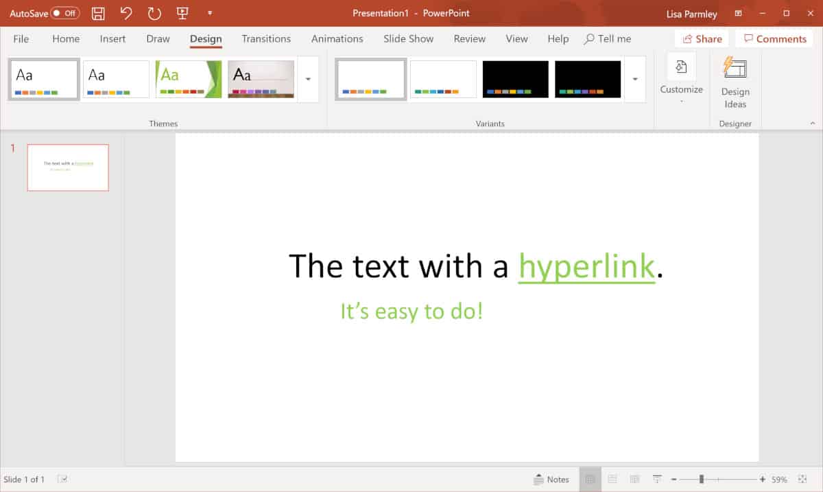 Screenshot of PowerPoint with matching hyperlink color to text.