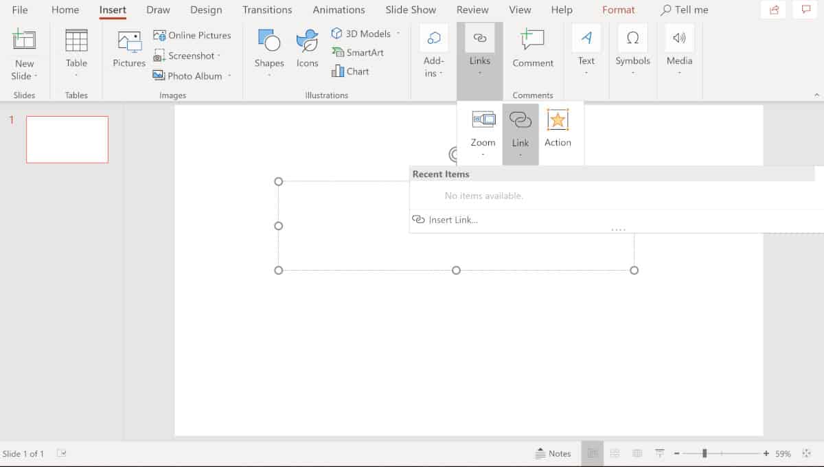 Screenshot of insert link menu in PowerPoint.