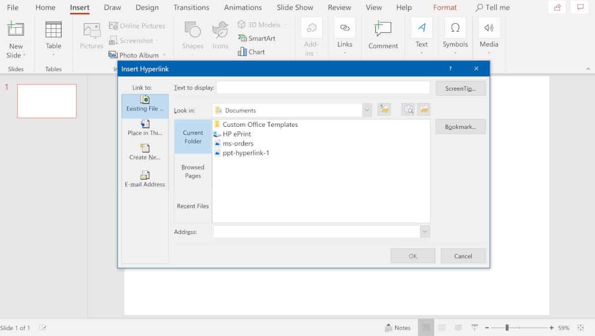 Screenshot of PowerPoint insert hyperlink dialog box.