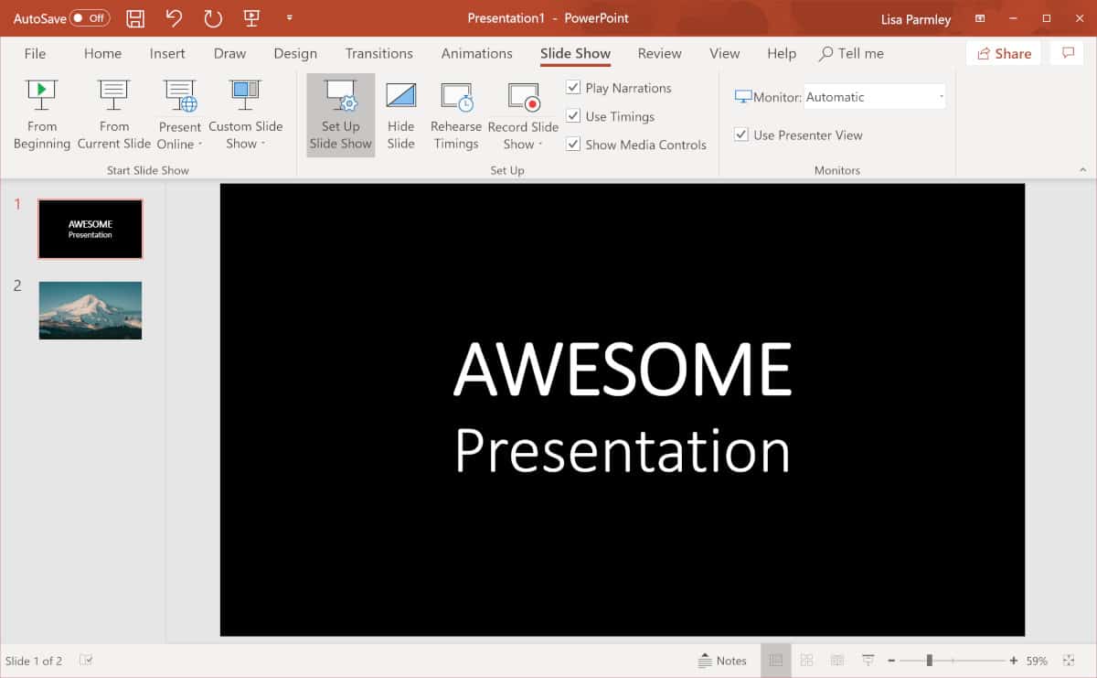 Screenshot for PowerPoint looping slide show setup.