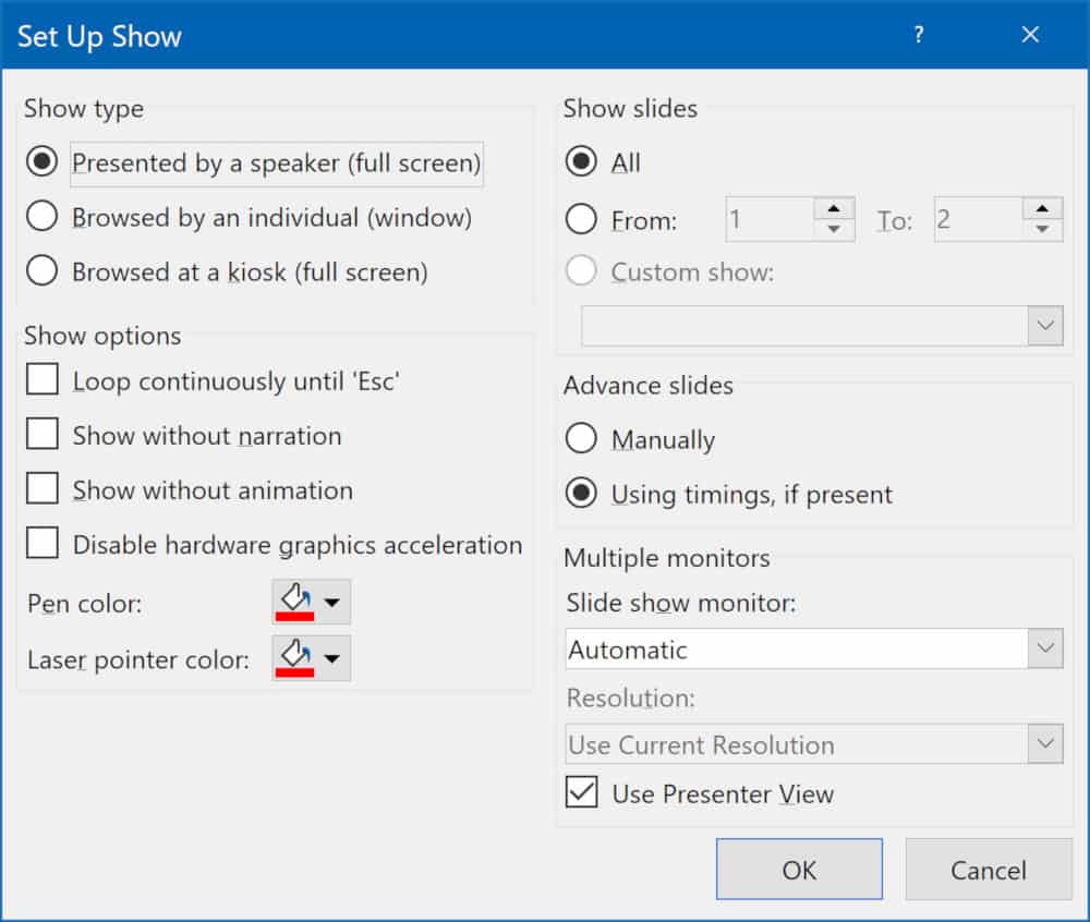 Screenshot of PowerPoint looping set up box.